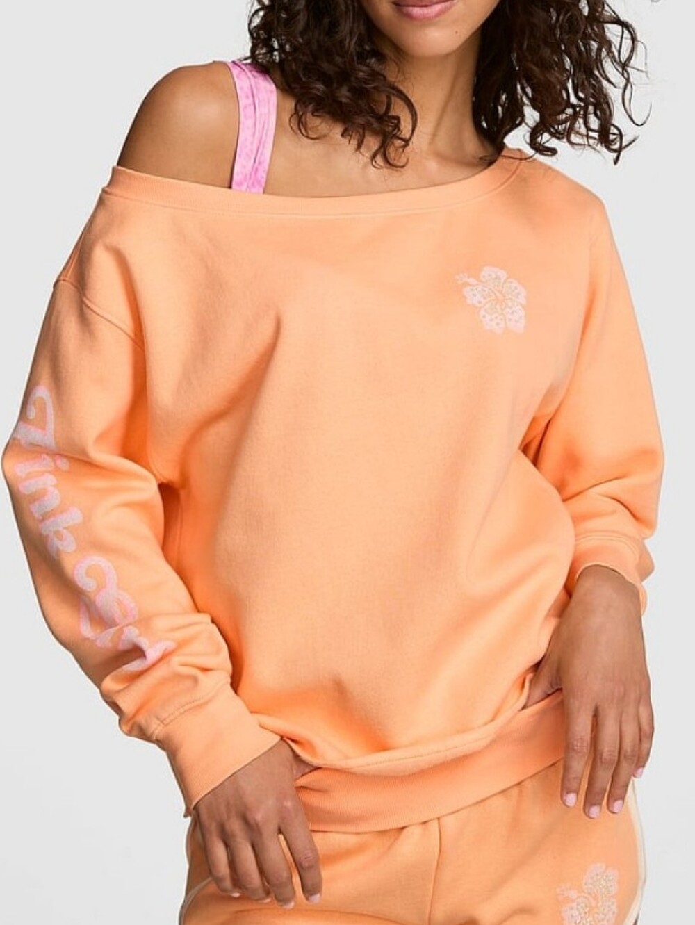 PINK Campus Fleece Off Shoulder Sweatshirt Summer Peach Sunset W Beaded Flower